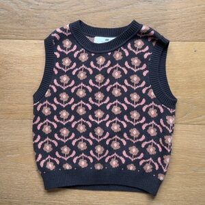 H&M Girls Jacquard Knit Sweater Vest 5T Floral Black Pink Mod Retro V-Neck EUC